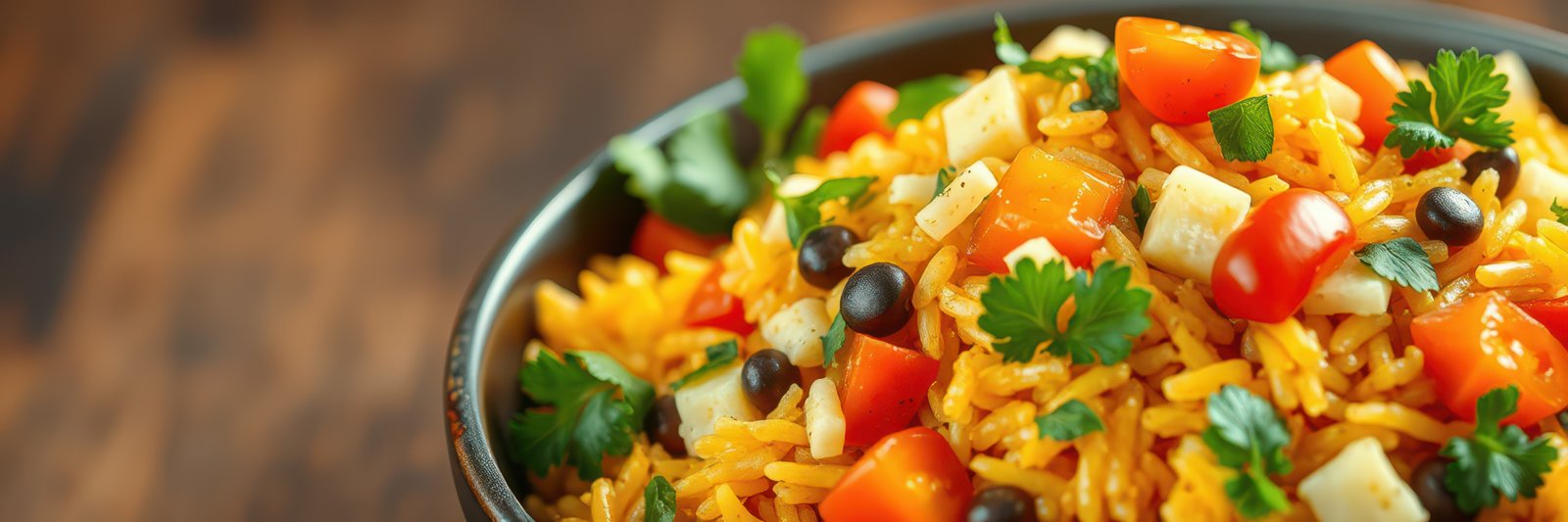 Colorful rice salad packed with vegetables and herbs in a bowl